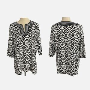 Marisa Christina Woman Tunic Top Size 1X Black White Linen Embroidered V-Neck